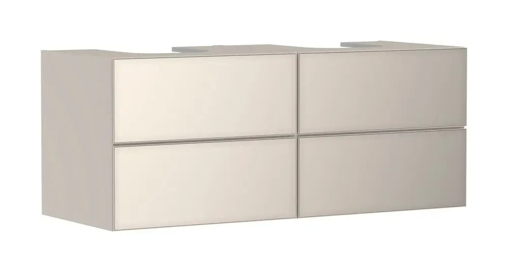 Waschtischunterschrank von Hansgrohe mit vier Schubkästen in sandbeige matt. Eignet sich für Konsolen und zwei Aufsatzwaschtische.